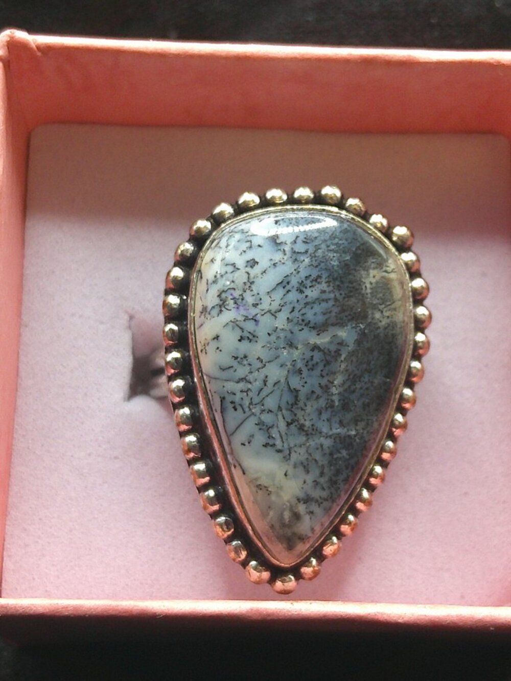 Silver Plate and Dendrite Opal Ring Sz 6